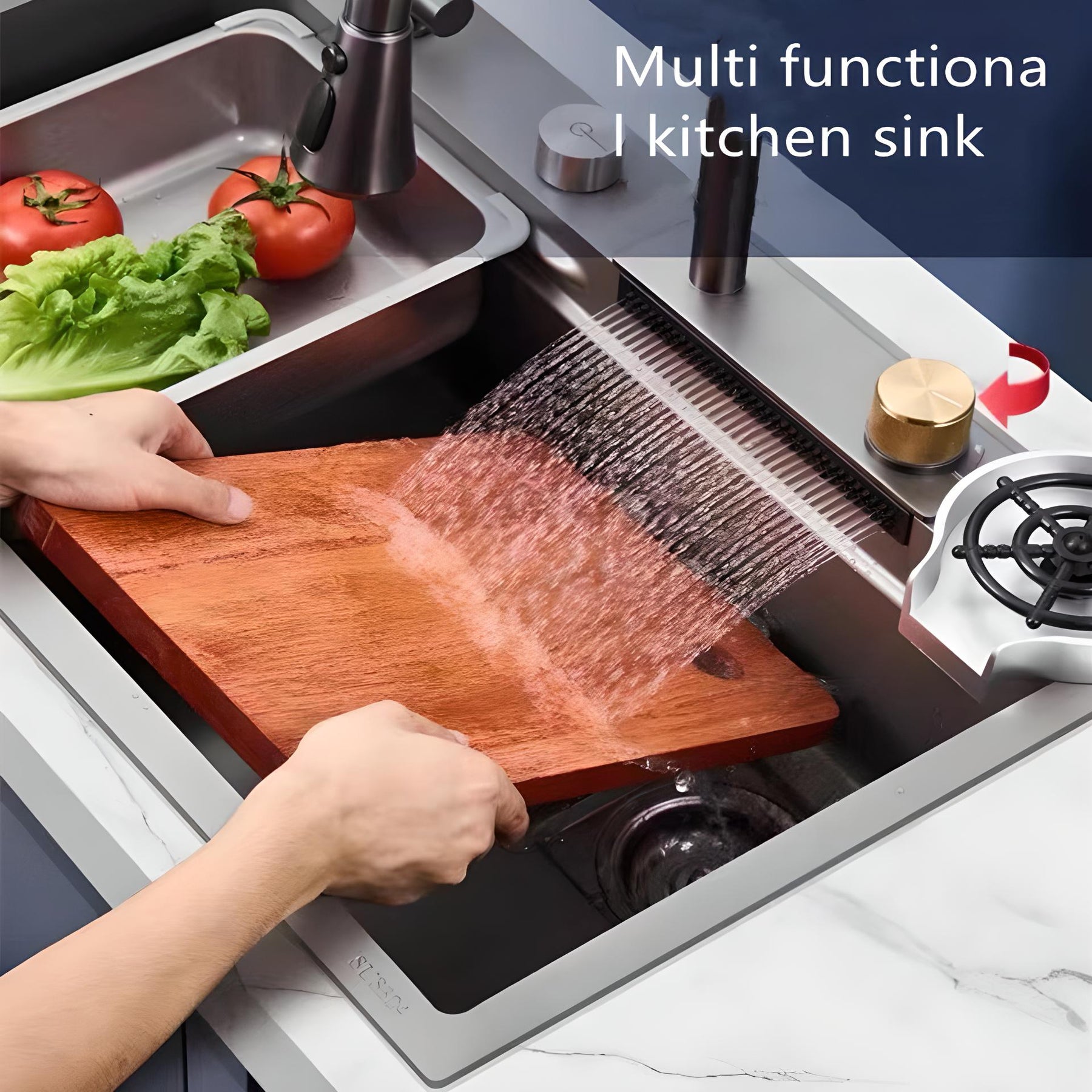 Multifunction Sink 304 Stainless Steel Waterfall Sink Bowl with Cup Washer Workstation - Gear Elevation