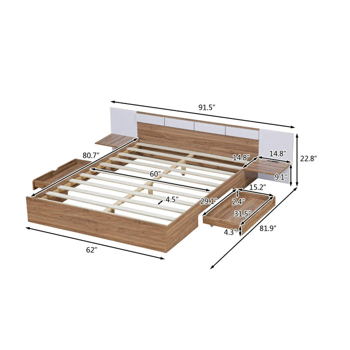 Queen Size Platform Bed with Headboard, Drawers, Shelves, USB Ports, and Sockets