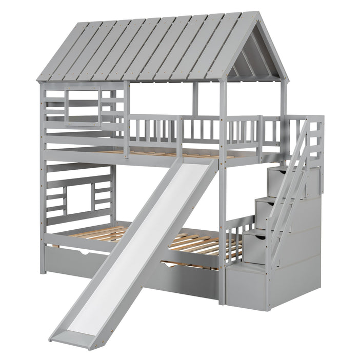 Twin over Twin House Bunk Bed with Roof and Window Design, Trundle, Slide, and Storage Staircase