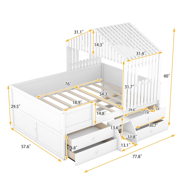 Full Size House Low Loft Bed with Four Drawers