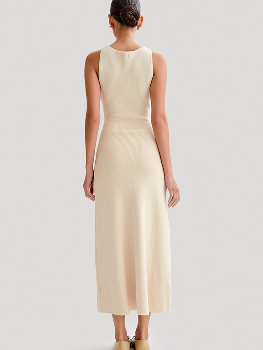 High Slit Knitted Maxi Dress for Women – Apricot Sleeveless Button Detail Bodycon Party Winter Dress