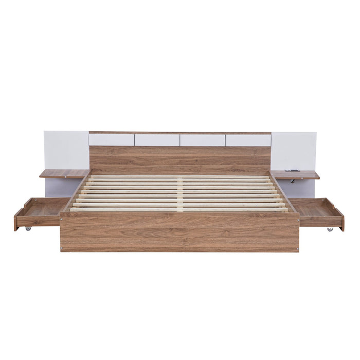 Queen Size Platform Bed with Headboard, Drawers, Shelves, USB Ports, and Sockets