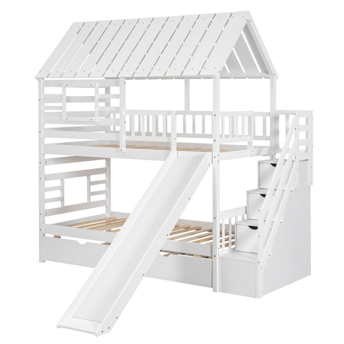 Twin over Twin House Bunk Bed with Roof and Window Design, Trundle, Slide, and Storage Staircase