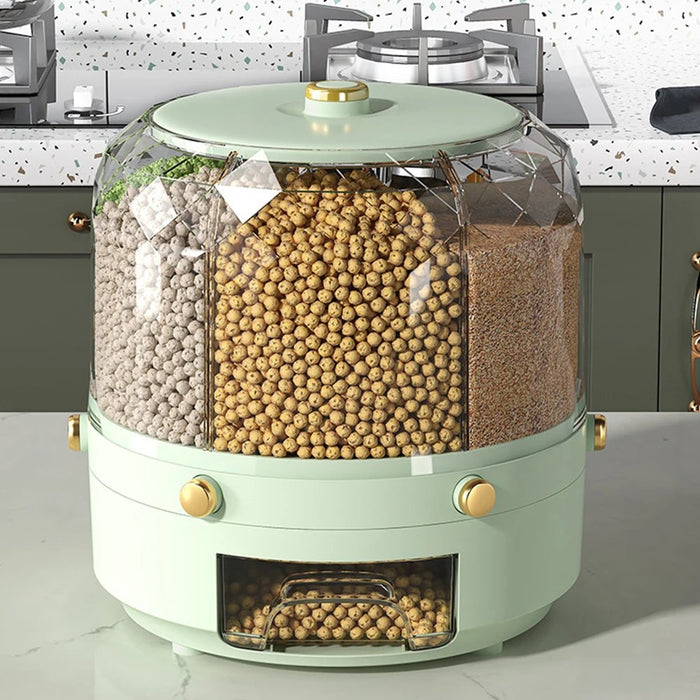 360° Rotating Grain Dispenser - Multi - Compartment Storage - Gear Elevation