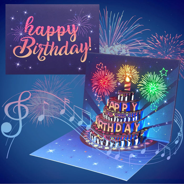 3D Pop - Up Birthday Card with Envelope – Fireworks Design with Lights & Sound - Gear Elevation