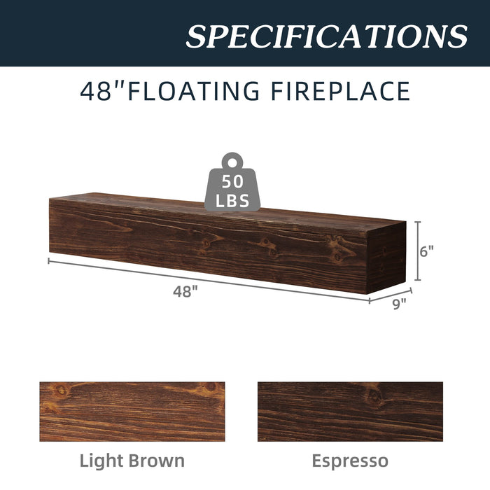 48" Rustic Wood Fireplace Mantel, Wall - Mounted & Floating Shelf for Home Decor - Gear Elevation