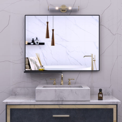 48x30 Inch Modern Bathroom Mirror with Storage Rack, Rectangular Black Wall Mirror for Hanging In Bathroom or Living Room - Gear Elevation