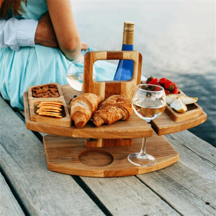 Foldable Wooden Wine Picnic Table – Round Outdoor Snack Tray with Glass Holders for Elegant Al Fresco Dining