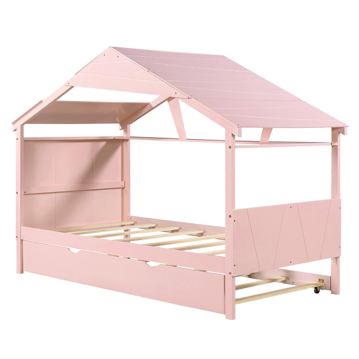 Twin Size Wood House Bed with Trundle and Storage