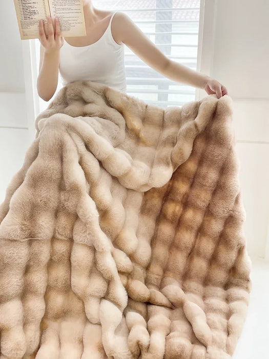 Faux Fur Plush Rabbit Blanket – Double-Layered Cozy Bedspread for Sofa & Bedroom