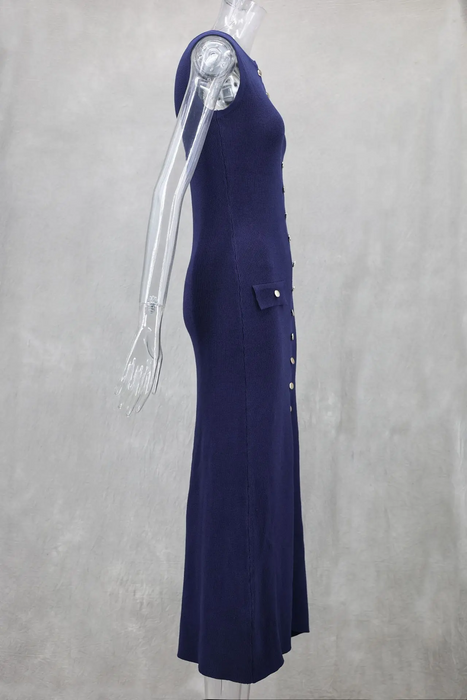 High Slit Knitted Maxi Dress for Women – Apricot Sleeveless Button Detail Bodycon Party Winter Dress