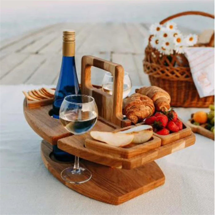 Foldable Wooden Wine Picnic Table – Round Outdoor Snack Tray with Glass Holders for Elegant Al Fresco Dining