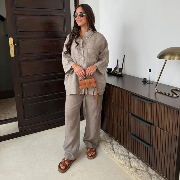 Solid Shirt & Wide-Leg Pants Set – Summer Vintage Streetwear for Women, Button-Down Blouse & Elegant Trousers