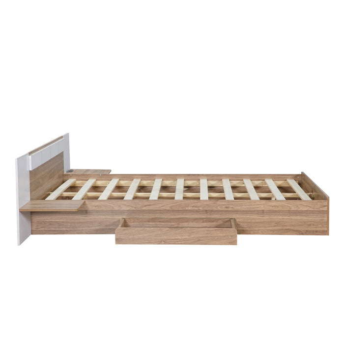 Queen Size Platform Bed with Headboard, Drawers, Shelves, USB Ports, and Sockets