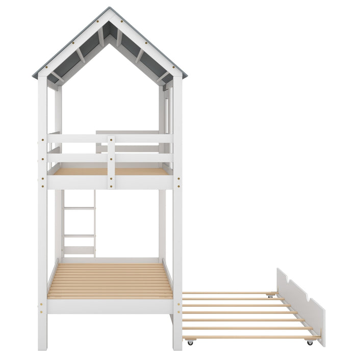 House Bunk Bed with Trundle, Roof, and Windows