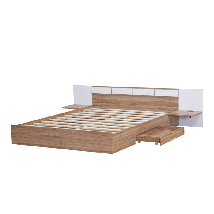 Queen Size Platform Bed with Headboard, Drawers, Shelves, USB Ports, and Sockets