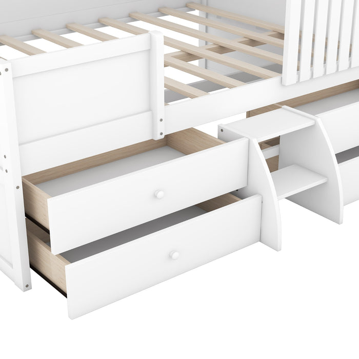 Full Size House Low Loft Bed with Four Drawers