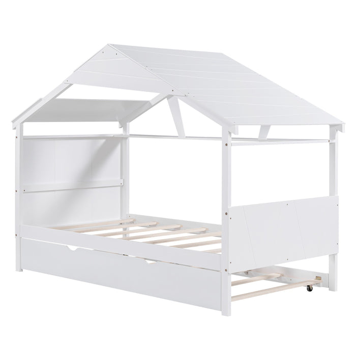 Twin Size Wood House Bed with Trundle and Storage