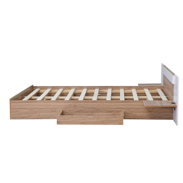 Queen Size Platform Bed with Headboard, Drawers, Shelves, USB Ports, and Sockets