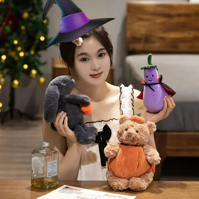 Black Rabbit Pumpkin, Bear and Eggplant Plush Toy – Soft Stuffed Doll with Bear Ears, Perfect for Halloween Trick or Treat Fun - Gear Elevation