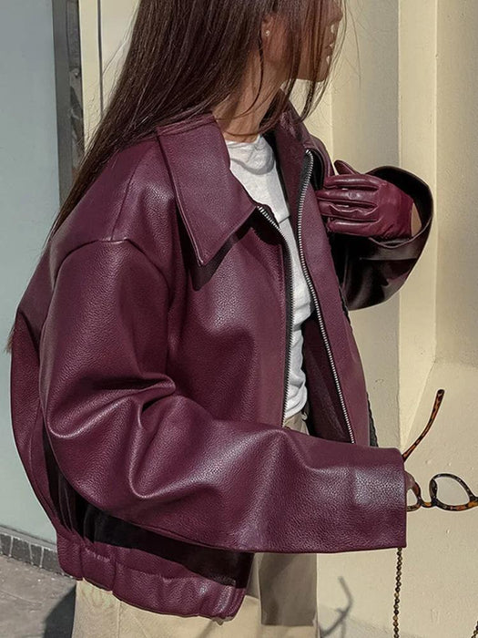 Burgundy Faux Leather Jacket for Women – Stylish Lapel Zipper Design and Long Sleeves for Autumn/Winter Street Fashion - Gear Elevation