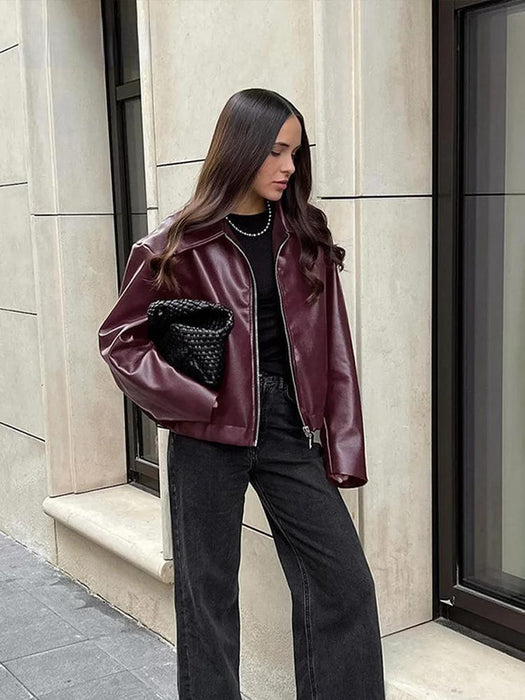 Burgundy Faux Leather Jacket for Women – Stylish Lapel Zipper Design and Long Sleeves for Autumn/Winter Street Fashion - Gear Elevation