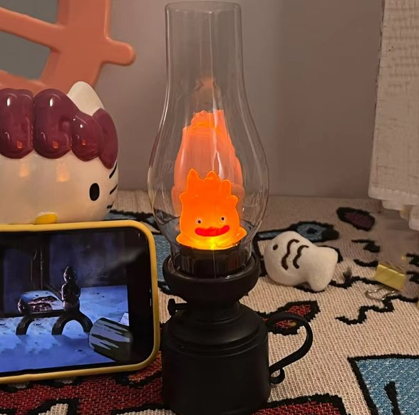 Calcifer Flameless Night Light - Halloween Retro Decorative Candle Light, Cartoon Anime Kerosene Lamp for Bedroom Bedside Table - Gear Elevation