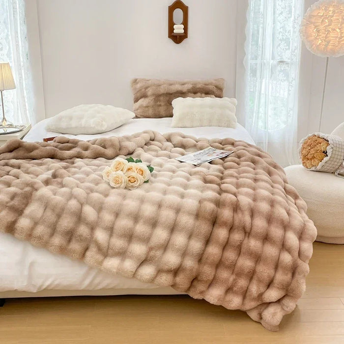 Faux Fur Plush Rabbit Blanket – Double-Layered Cozy Bedspread for Sofa & Bedroom
