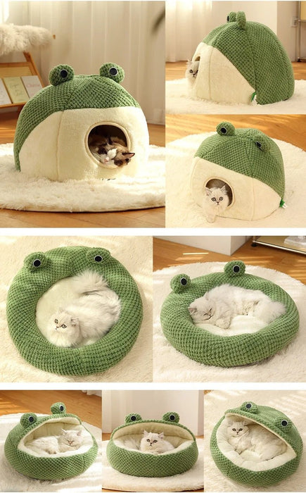 Cozy Frog - Themed Cat Bed – Plush Semi - Enclosed Nest for Cats & Small Dogs, Perfect for Snuggly Autumn and Winter Comfort - Gear Elevation