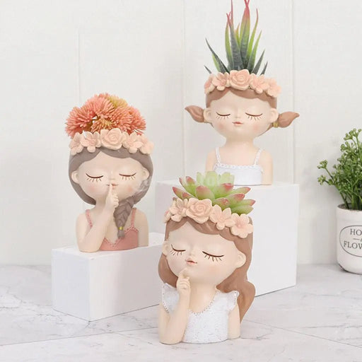 Cute Girl Head Planter – Resin Portrait Vase for Succulents and Flowers, Artistic Girl Sculpture Pot for Indoor Décor Elegance - Gear Elevation