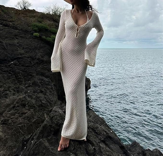 Deep V - Neck Hollow - Out Beach Knitwear Dress - Backless, Chic, Flowy - Gear Elevation