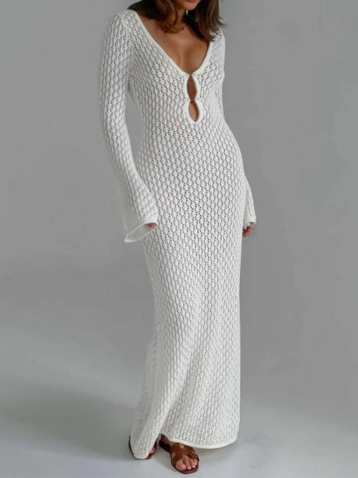 Deep V - Neck Hollow - Out Beach Knitwear Dress - Backless, Chic, Flowy - Gear Elevation