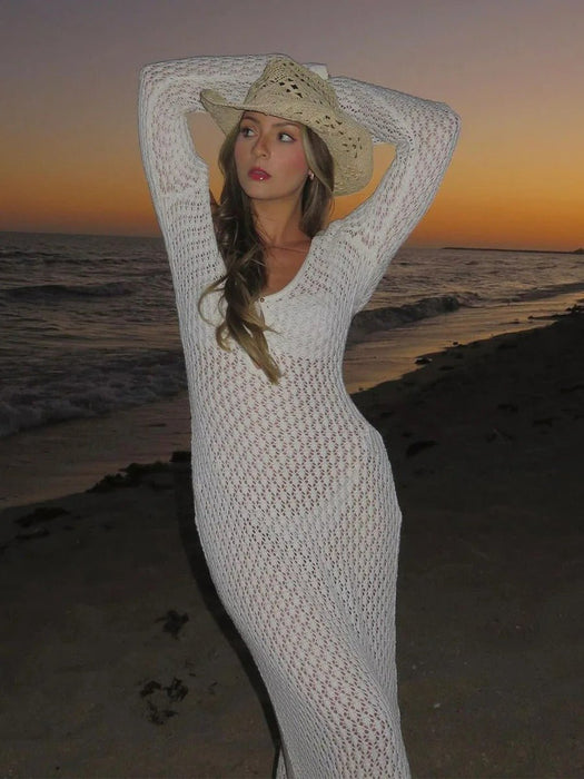 Deep V - Neck Hollow - Out Beach Knitwear Dress - Backless, Chic, Flowy - Gear Elevation