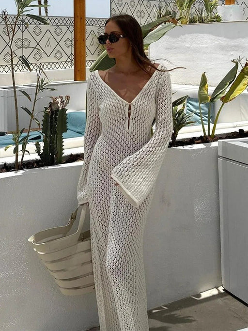 Deep V - Neck Hollow - Out Beach Knitwear Dress - Backless, Chic, Flowy - Gear Elevation