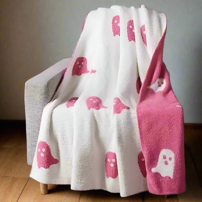 Double - Sided Pink and Balck Ghost Halloween Blanket – Cozy Flannel Throw for Beds, Sofas, & Couches - Gear Elevation