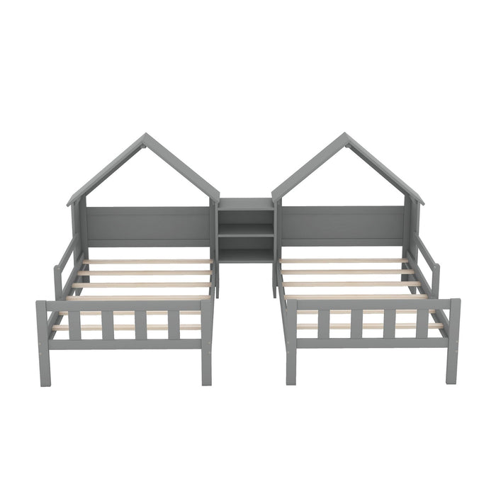 Double Twin Size Platform Bed with House - shaped Headboard and Built - in Nightstand - Gear Elevation