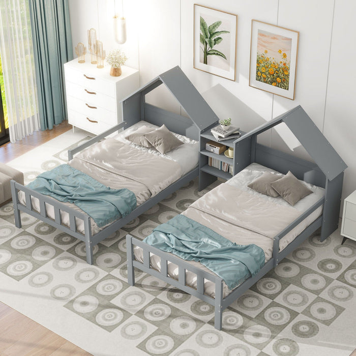 Double Twin Size Platform Bed with House - shaped Headboard and Built - in Nightstand - Gear Elevation