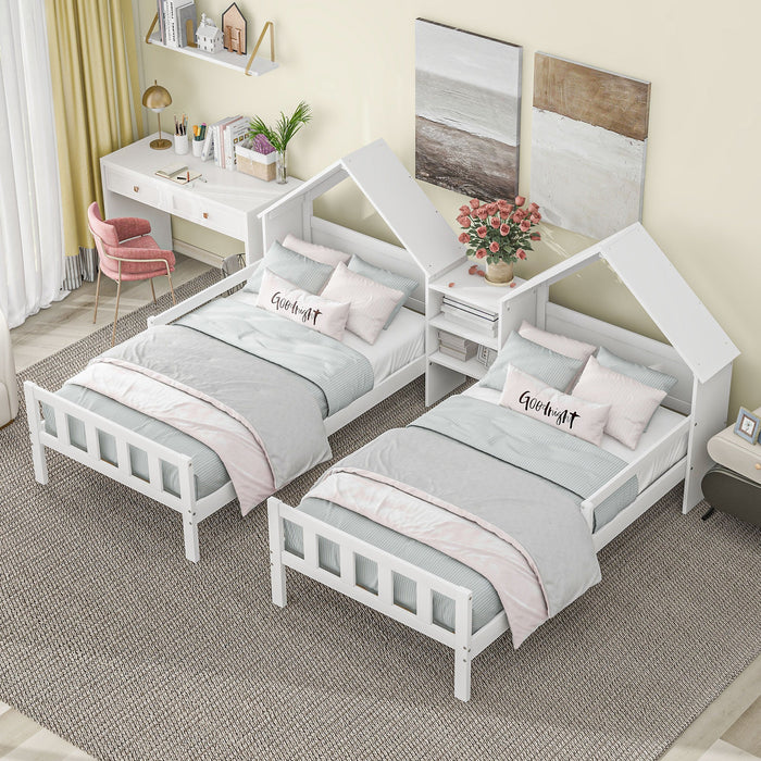 Double Twin Size Platform Bed with House - shaped Headboard and Built - in Nightstand - Gear Elevation