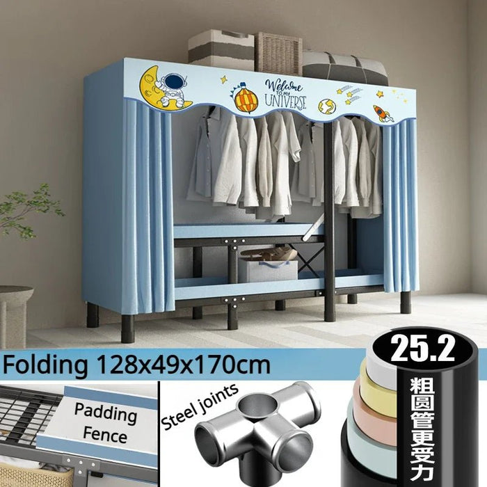 Foldable Oxford Cloth Wardrobe with Curtain – Simple No Assembly Cloth Storage Solution with Steel Frame for Any Bedroom or Rental Space - Gear Elevation