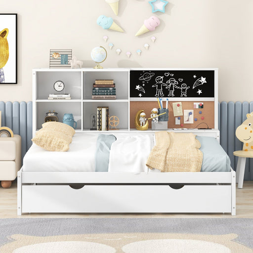 Full Size Daybed with Storage Shelves, Blackboard, Cork Board, USB Ports, and Twin Size Trundle - Gear Elevation