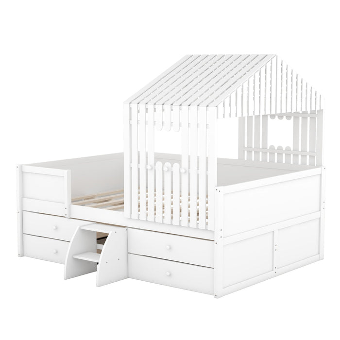 Full Size House Low Loft Bed with Four Drawers - Gear Elevation