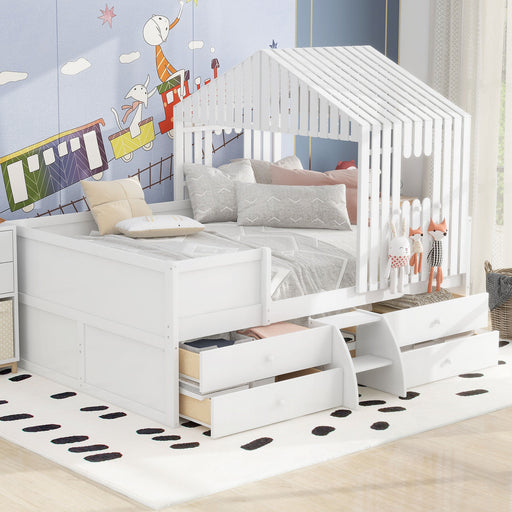 Full Size House Low Loft Bed with Four Drawers - Gear Elevation