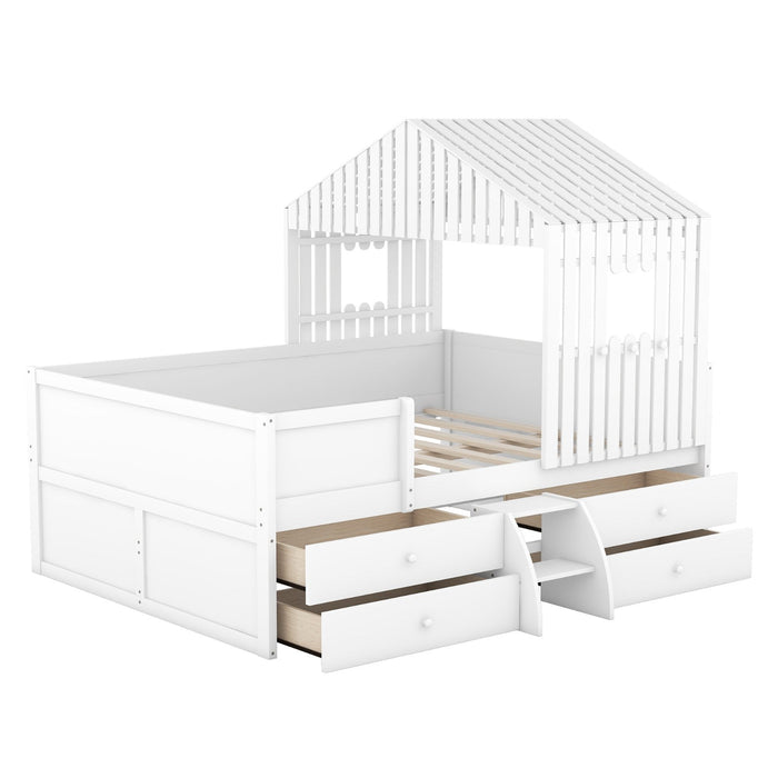 Full Size House Low Loft Bed with Four Drawers - Gear Elevation