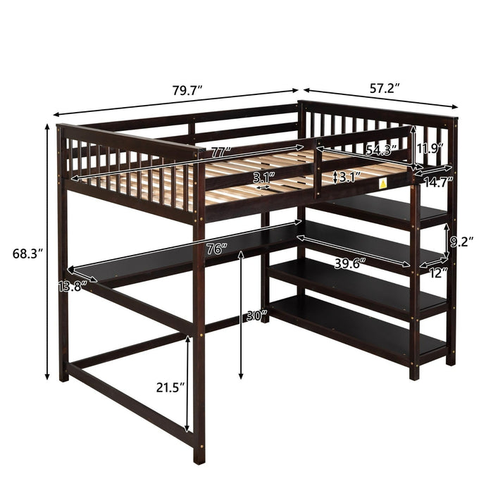 Full Size Loft Bed with Storage Shelves and Under - bed Desk - Gear Elevation