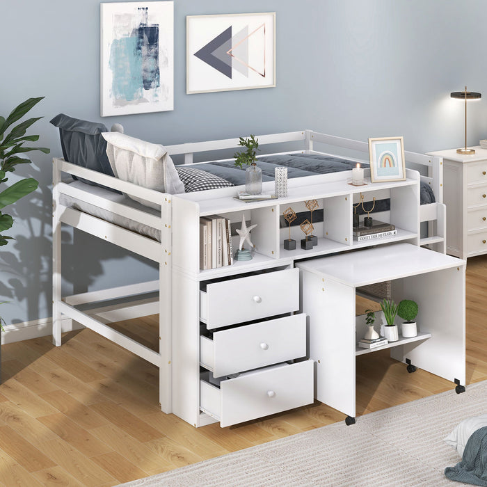 Full Size Low Loft Bed with Rolling Portable Desk Drawers and Shelves - Gear Elevation