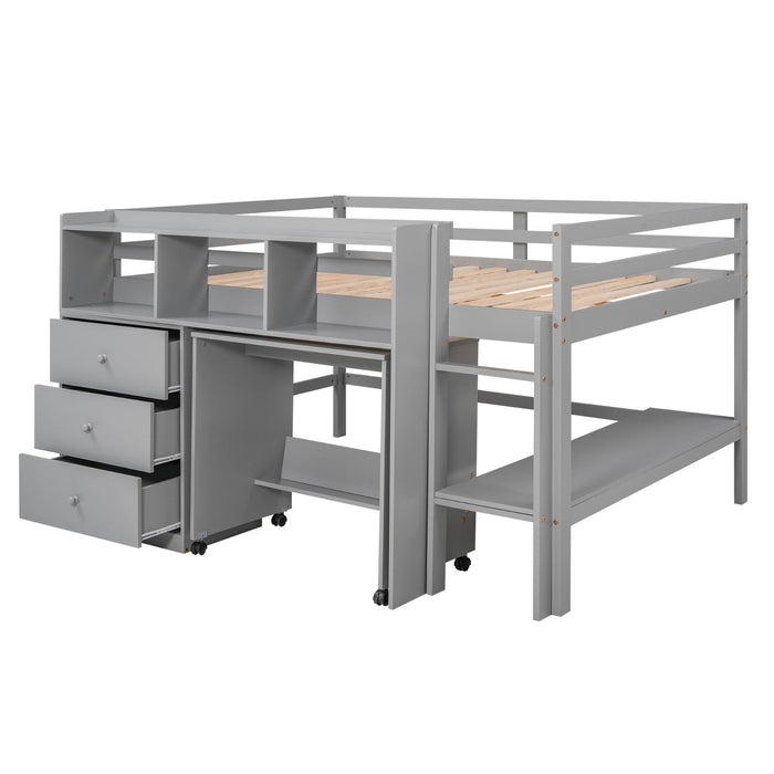 Full Size Low Loft Bed with Rolling Portable Desk Drawers and Shelves - Gear Elevation