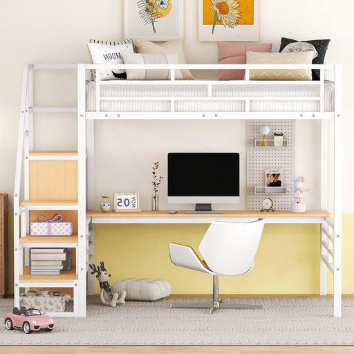 Full Size Metal Loft Bed with Desk Storage Stairs and Small Wardrobe Stairs - Gear Elevation