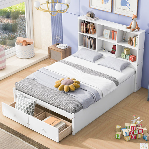 Full Size Platform Bed with Storage Headboard, Charging Station and 2 Drawers - Gear Elevation