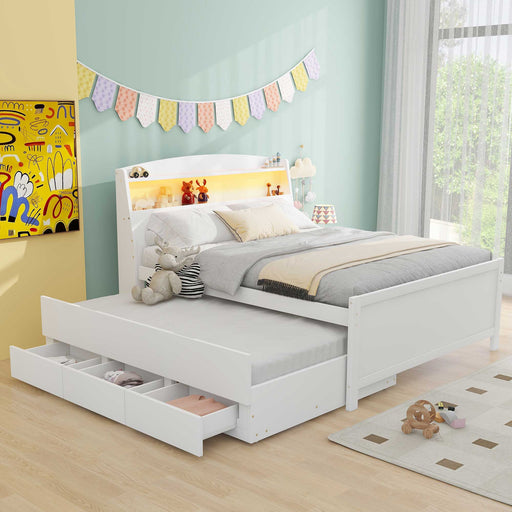 Full - Size Platform Bed with Storage LED Headboard, Twin - Size Trundle, and 3 Drawers - Gear Elevation
