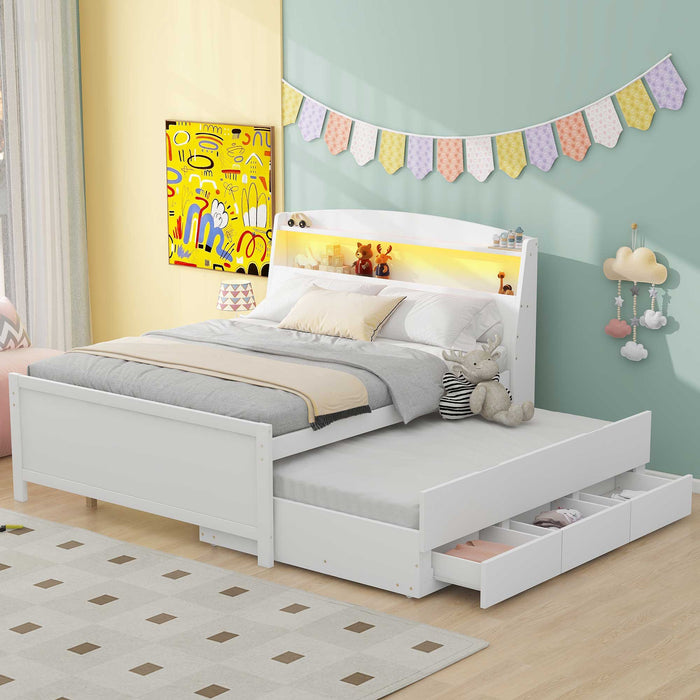 Full - Size Platform Bed with Storage LED Headboard, Twin - Size Trundle, and 3 Drawers - Gear Elevation